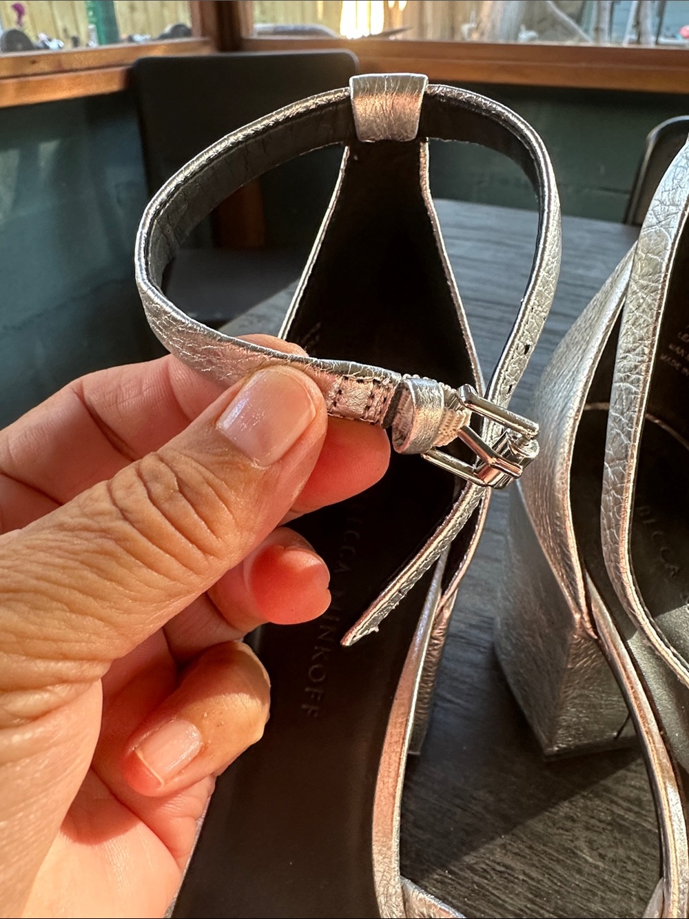 Rebecca Minkoff Silver Metallic Leather Knotted Block Heel Sandals 7.5 - Picture 4 of 8